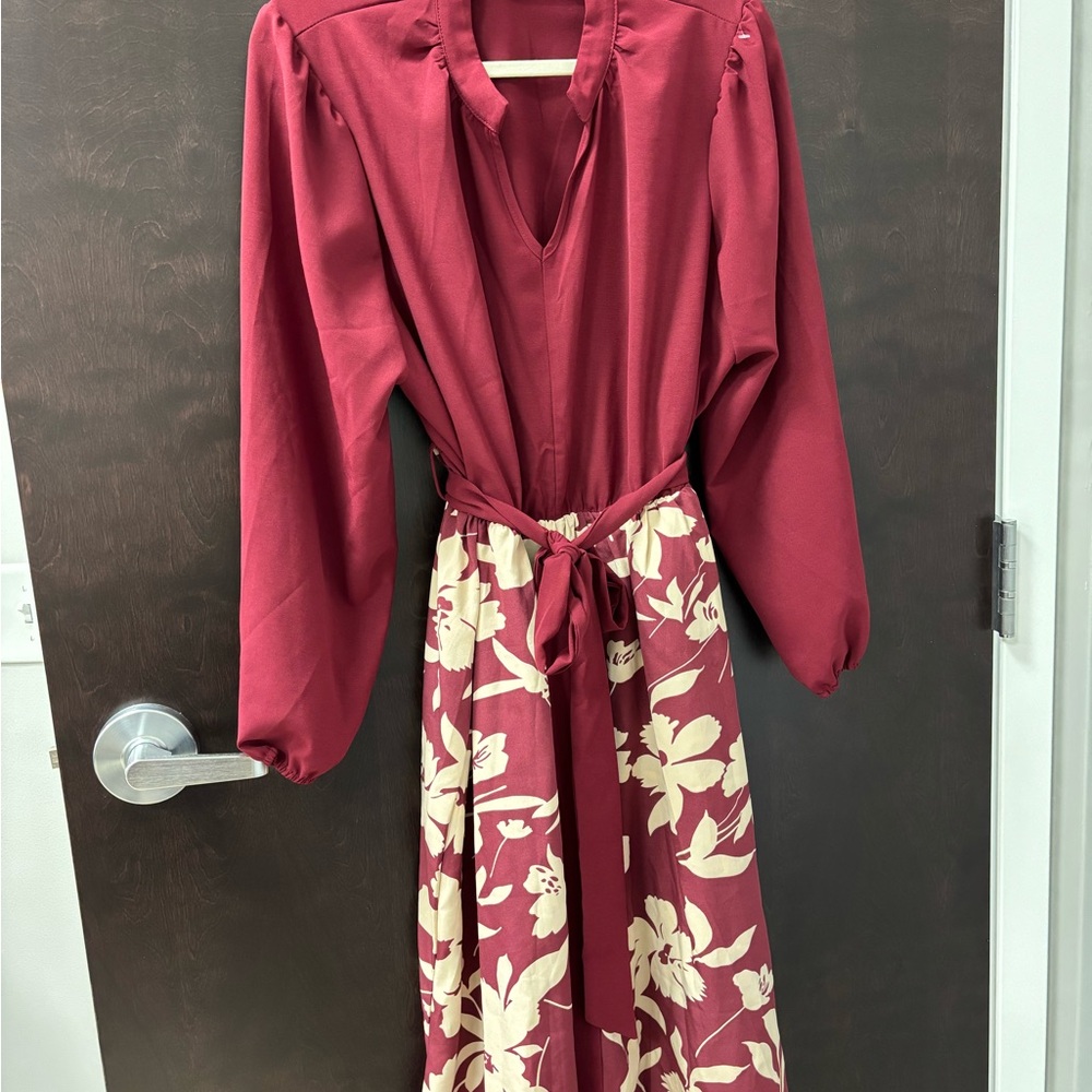 BloomChic Burgundy and Cream Floral Long Sleeve Dress
